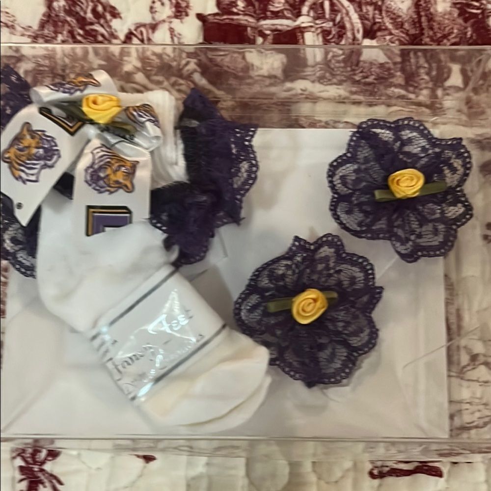 White and Purple Lace Socks with Yellow Rose Accents